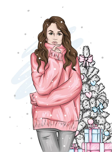Piękna Dziewczyna Ciepły Sweter Boże Narodzenie Kapelusz Ilustracja Wektorowa Życzeniami — Wektor stockowy