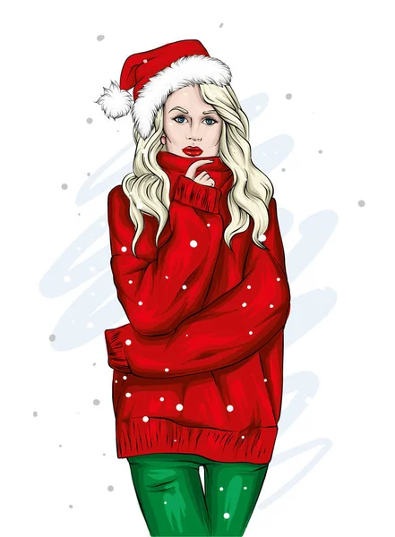 Bella Ragazza Maglione Caldo Cappello Natale Illustrazione Vettoriale Biglietto Auguri — Vettoriale Stock