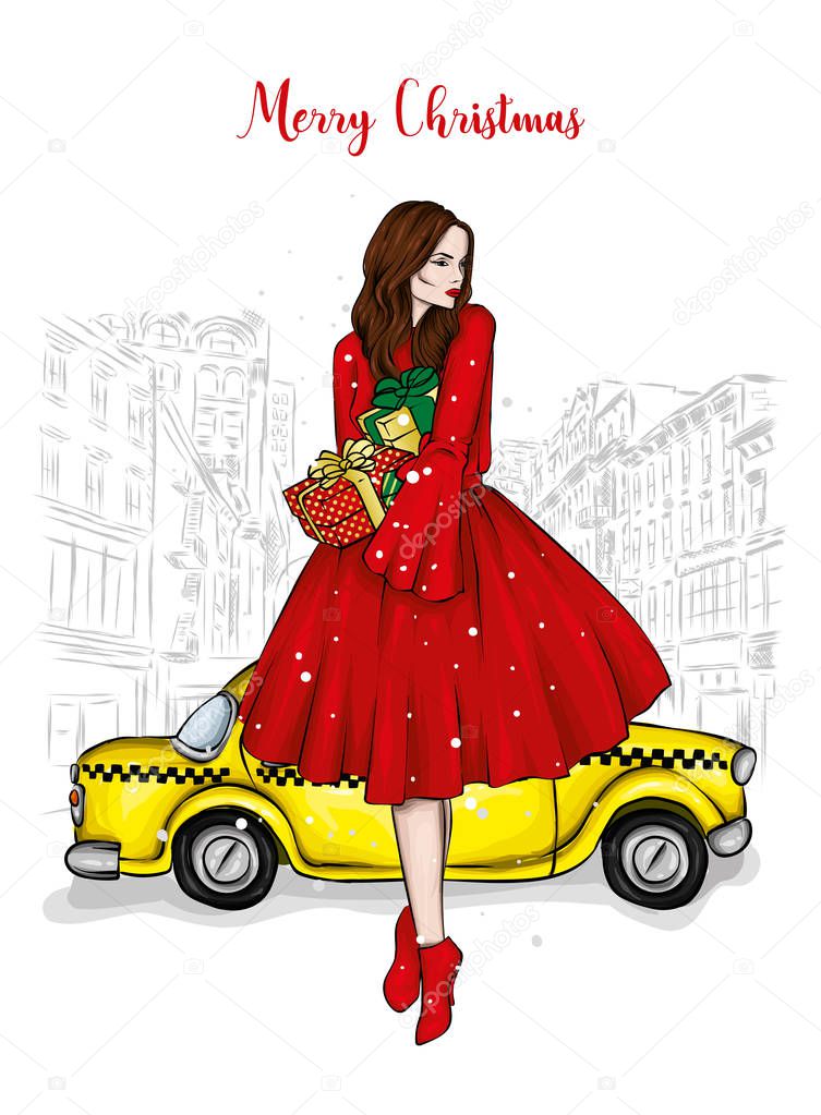 A girl in a beautiful vintage dress. Vector illustration. Clothing and accessories, vintage and retro. Taxi and the city. New Year's and Christmas.