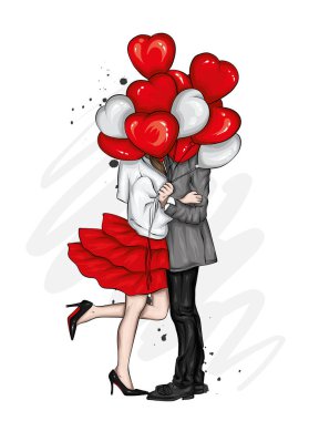 Kalplerin güzel çift balon şeklinde. Bir kız elbise ve yüksek topuklu ayakkabılar ve bir adam bir ceket ve pantolon. Sevgililer günü, aşk ve ilişkiler. Vektör çizim. 