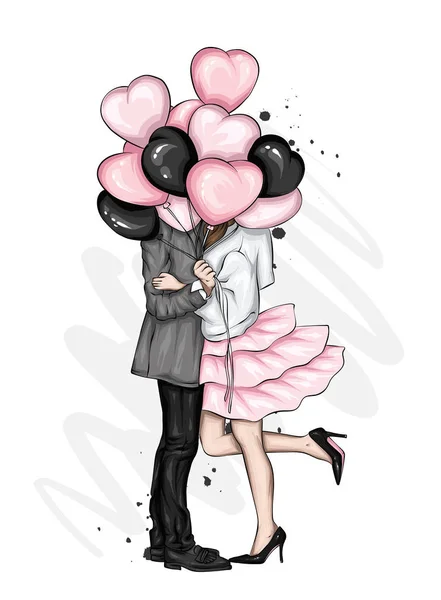 Hermosa Pareja Con Globos Forma Corazones Una Chica Con Vestido — Vector de stock