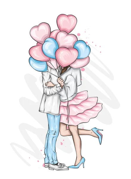 Hermosa Pareja Con Globos Forma Corazones Una Chica Con Vestido — Archivo Imágenes Vectoriales