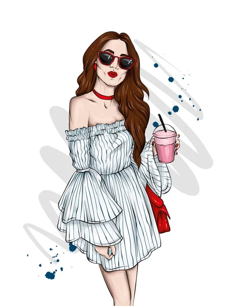 Beautiful Girl Stylish Summer Dress Glasses Stylish Girl Cocktail Vector — Stock Vector