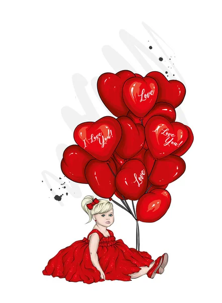 美丽的小女孩在礼服和心形气球 迷人的宝贝情人节 亲爱的 丘比特 明信片或海报的矢量例证 打印为衣服 — 图库矢量图片
