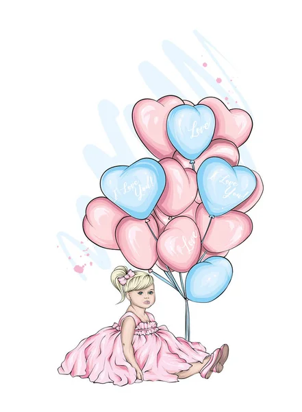 美丽的小女孩在礼服和心形气球 迷人的宝贝情人节 亲爱的 丘比特 明信片或海报的矢量例证 打印为衣服 — 图库矢量图片