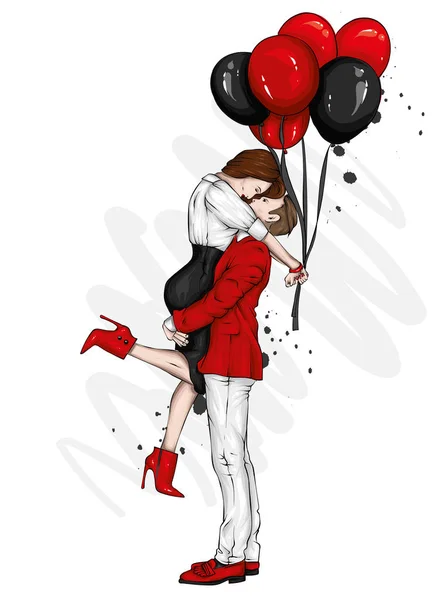 Hermosa Pareja Con Globos Forma Corazones Una Chica Con Vestido — Vector de stock