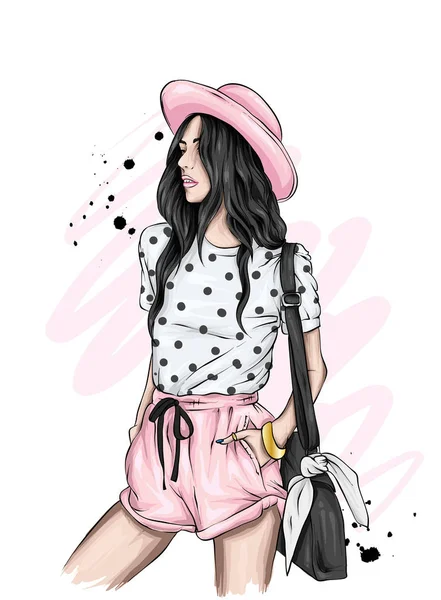 スタイリッシュな帽子 シャツ ショート パンツで美しい少女 ファッション スタイル グリーティング カードやポスターのベクトル図 — ストックベクタ