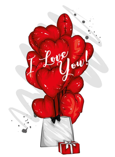 Veel Ballonnen Vorm Van Een Hart Vectorillustratie Valentine Day — Stockvector