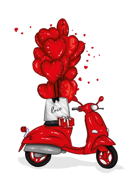 Coppato Con Palloncini Forma Cuore Motociclo Illustrazione Vettoriale Biglietto Auguri — Vettoriale Stock