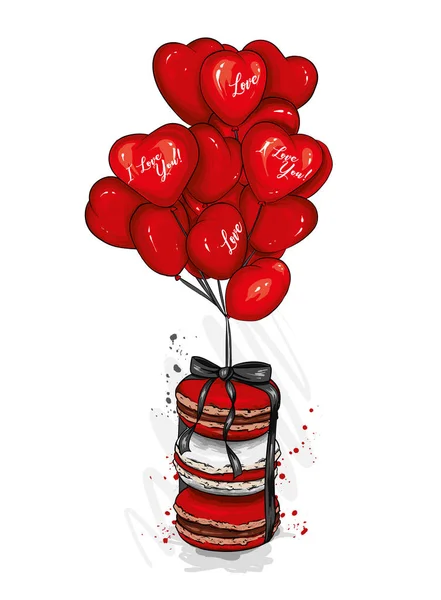 Macaron Con Palloncini Forma Cuore Dolce Illustrazione Vettoriale Biglietto Auguri — Vettoriale Stock