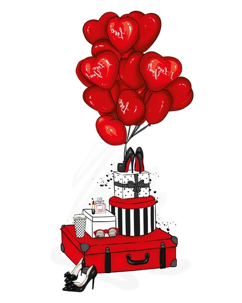 Suitcases Bag Shoes Fashion Accessories Heart Shaped Balloons Dessert Vector — Stock Vector