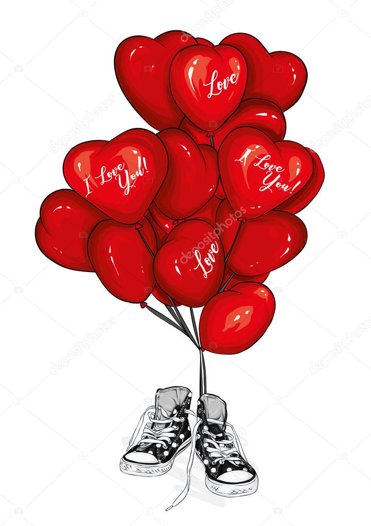 Sneakers with heart-shaped balloons. Footwear. Vector illustration for greeting card or poster. Love, friendship, Valentine's Day. 