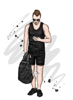 Şort ve tişört yakışıklı bir adam. Yaz giysileri sportif bir adam. Vektör çizim bir kartpostal veya poster için. 