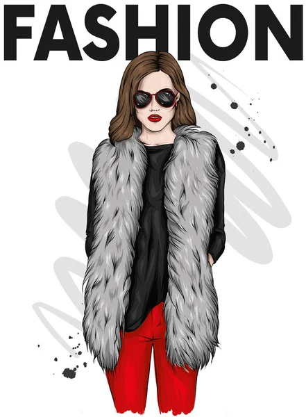 Beautiful Stylish Girl Fur Coat Trousers Glasses Fashionable Clothes Accessories — Stock Vector