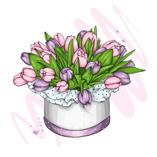 Caja Con Ramo Tulipanes Primavera Flores Marzo Ilustración Vectorial Para — Vector de stock