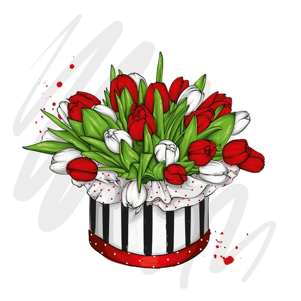 Box Mit Einem Strauß Tulpen Frühling Und Blumen März Vektorillustration — Stockvektor