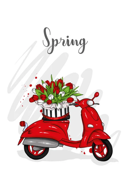 Cyclomoteur Bouquet Tulipes Illustration Vectorielle Pour Carte Vœux Affiche Fleurs — Image vectorielle
