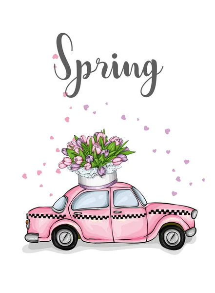 Taxi Bouquet Tulips Vector Illustration Greeting Card Poster Spring Flowers — Stock Vector