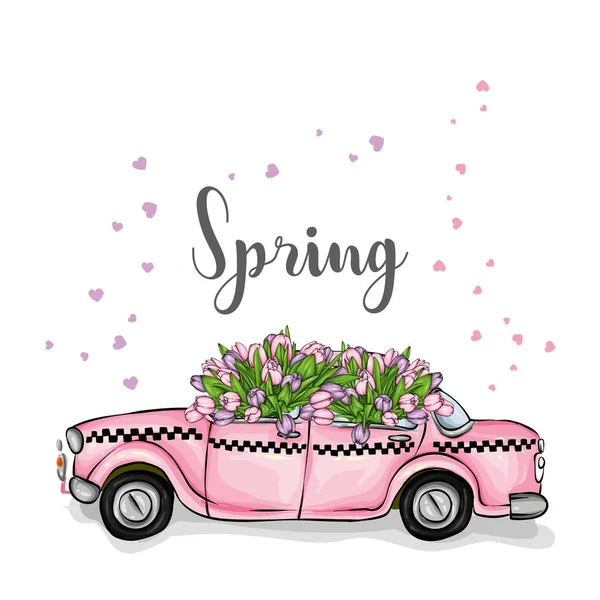 stock vector Taxi and a bouquet of tulips. Vector illustration for greeting card or poster. Spring flowers. 