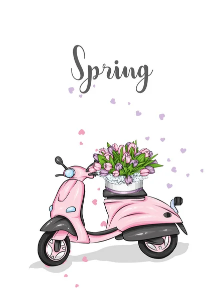 Vespa style pink scooter with flowers in the trunk. Watercolor vector Stock  Vector