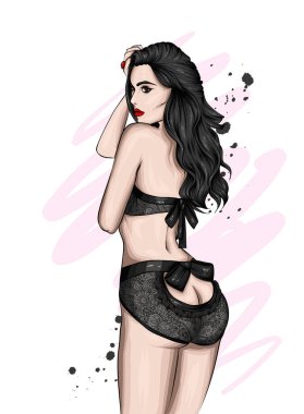 Güzel kız seksi iç çamaşırı. Aşk, seks. Vektör çizim için tebrik kartı veya poster, elbiselere yazdırma. 