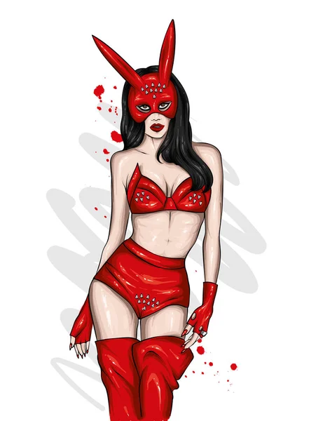 Vacker Flicka Sexiga Underkläder Och Mask Kärlek Sex Bdsm Vektorillustration — Stock vektor