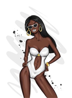 Şık bir mayo giymiş uzun, ince bir kız. Vektör çizimi. Moda, tarz, giysi ve aksesuarlar.. 