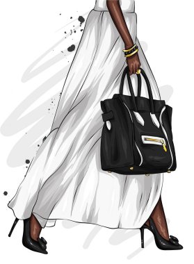 Uzun kadın bacakları güzel bir etek ve yüksek topuklu ayakkabılar. Şık çanta. Moda ve stil, giyim ve aksesuarları.