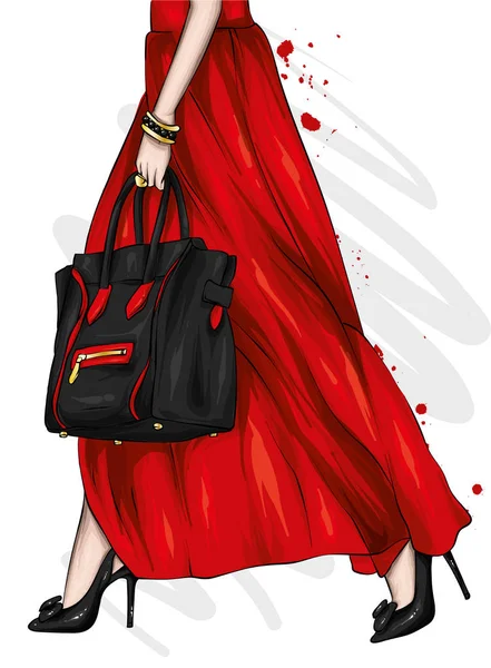 美しいスカートとハイヒールの長い女性の足 スタイリッシュなバッグです ファッション スタイル アクセサリー — ストックベクタ