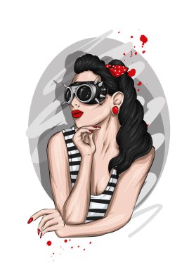 Sivri ve bir T-shirt ile gözlüklü güzel kız uzun saçlı. Şık giysiler ve aksesuarlar. Dövme. Moda ve stil. Vektör çizim için tebrik kartı veya poster.