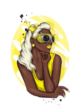 Sivri ve bir T-shirt ile gözlüklü güzel kız uzun saçlı. Şık giysiler ve aksesuarlar. Dövme. Moda ve stil. Vektör çizim için tebrik kartı veya poster.