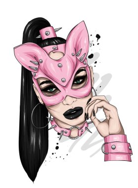 Deri maske güzel kız. Seks ve Bdsm, aşk. İç çamaşırı. Vektör çizim tebrik kartı veya poster, tişört için yazdırma için. Moda ve stil.