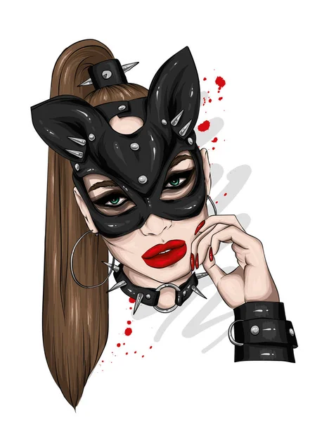 Deri maske güzel kız. Seks ve Bdsm, aşk. İç çamaşırı. Vektör çizim tebrik kartı veya poster, tişört için yazdırma için. Moda ve stil.