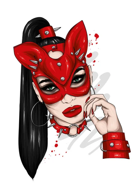 Bella Ragazza Maschera Pelle Sesso Bdsm Amore Biancheria Intima Illustrazione — Vettoriale Stock