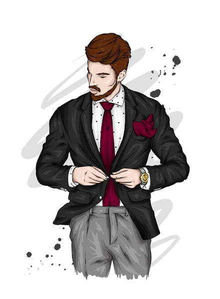 Yakışıklı adam bir ceket, gömlek ve kravat ve pantolon. Bir takım elbiseli şık adam. Vektör çizim, moda ve stil, giyim ve aksesuarları.