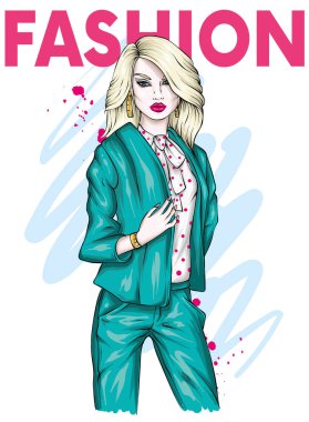 Şık bir ceket, bluz ve pantolon güzel bir kadın. Modaya uygun kıyafetler giyen bir kız. Kartpostal veya poster için vektör illüstrasyon, baskı. Moda ve stil, aksesuarlar.