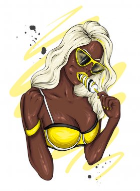 Gözlüklü ve mayolu güzel bir kız uzun dondurma yiyor. Kız tatlıyı yalıyor. Vektör illüstrasyon, moda ve stil, giysi ve aksesuarları. 