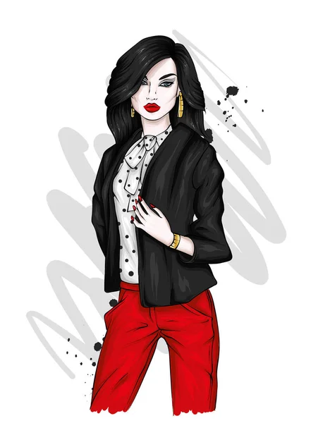 Hermosa Mujer Una Chaqueta Elegante Blusa Pantalones Chica Con Ropa — Vector de stock