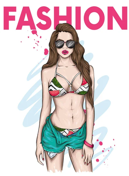 スタイリッシュなショートパンツで美しい女の子 夏服ファッション スタイル グリーティングカードまたはポスター用ベクターイラスト — ストックベクタ