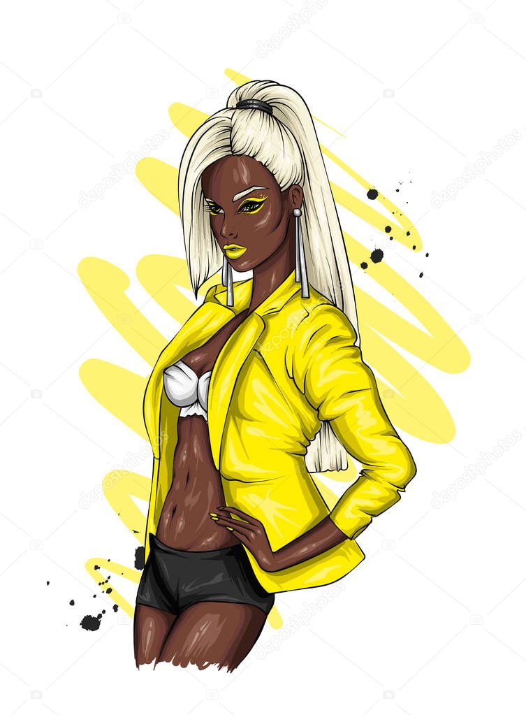 A tall slender girl in short shorts, a jacket. Beautiful model in stylish clothes. Vector illustration for a postcard or a poster, print for clothes. 