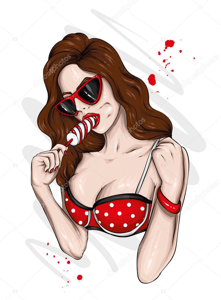 Beautiful girl in glasses and a bathing suit eating a long ice cream. The girl licks the dessert. Vector illustration, fashion and style, clothes and accessories. 