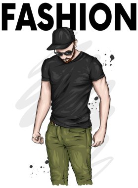 Şapkalı yakışıklı bir adam ve tişörtlü. Yazlık kıyafetler giyen sportif bir adam. Kartpostal veya poster için vektör çizimi. 