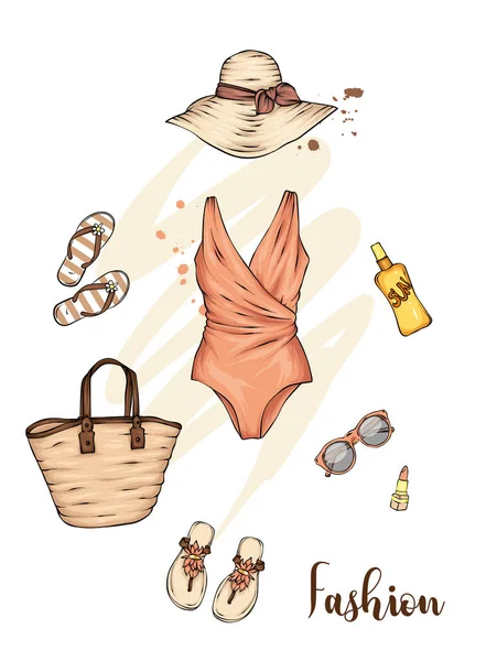 Eine Reihe Stilvoller Sommerkleidung Und Accessoires Badeanzug Schuhe Hut Sonnencreme — Stockvektor