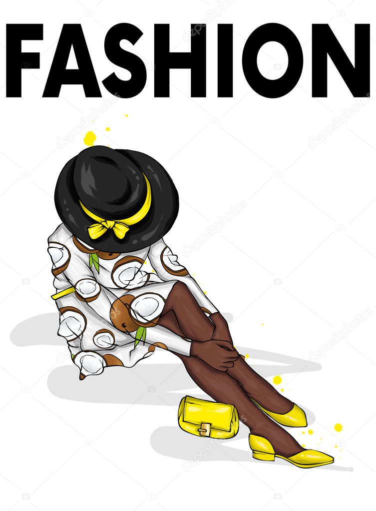 Beautiful girl in a stylish dress with a vintage hat, handbag and shoes. Vector illustration. Fashion and style, clothing and accessories.