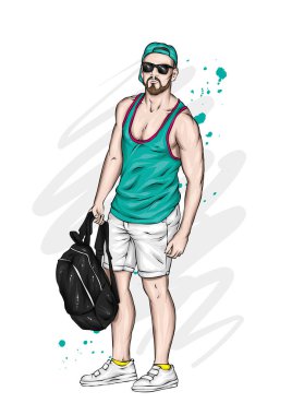 Şort ve tişört yakışıklı bir adam. Yaz giysileri sportif bir adam. Vektör çizim bir kartpostal veya poster için.