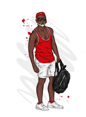 Şort ve tişört yakışıklı bir adam. Yaz giysileri sportif bir adam. Vektör çizim bir kartpostal veya poster için.