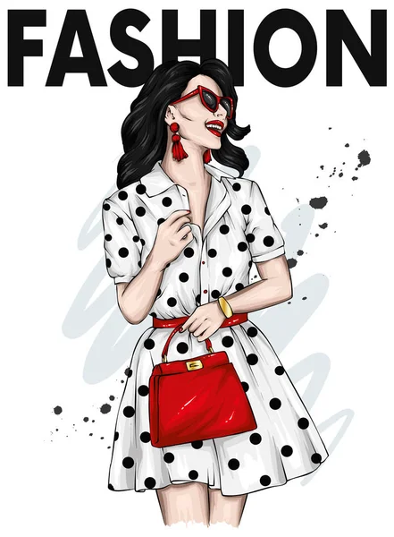 Hermosa Chica Elegante Vestido Verano Gafas Ilustración Vectorial Para Ottyki — Archivo Imágenes Vectoriales