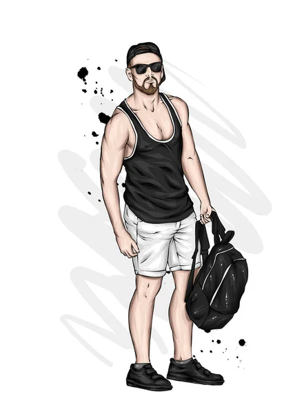 Beau Mec Short Shirt Homme Sportif Tenue Estivale Illustration Vectorielle — Image vectorielle