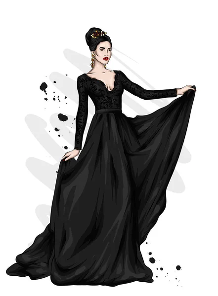 Una Chica Alta Delgada Con Hermoso Vestido Noche Moda Estilo — Vector de stock