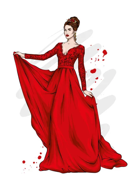 Tall Slender Girl Beautiful Evening Dress Fashion Style Vector Illustration — Stock Vector